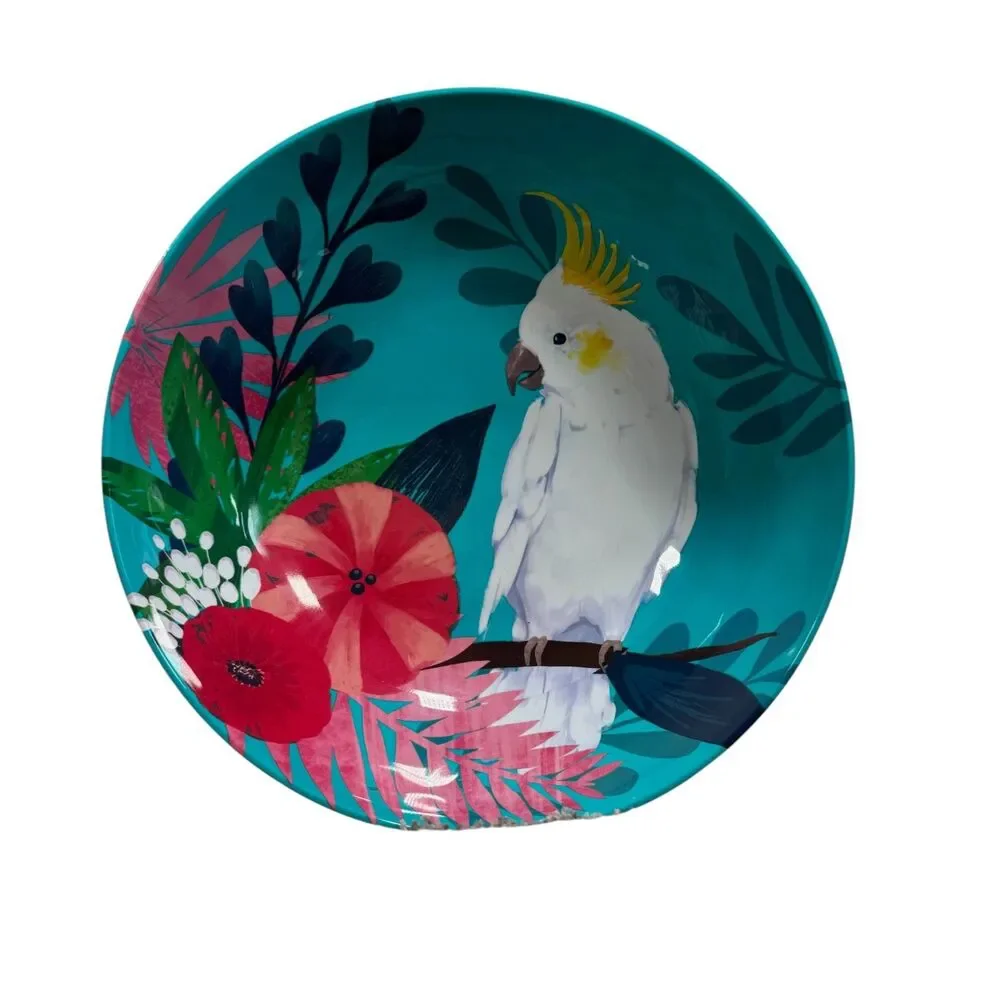 PIER 1 Pasta Bowl Blue Tropical Cockatoo Bird Melamine Salad Serving Large Dish